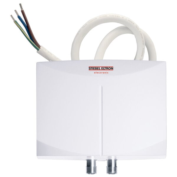A close-up of a white Stiebel Eltron point-of-use tankless water heater with wires.