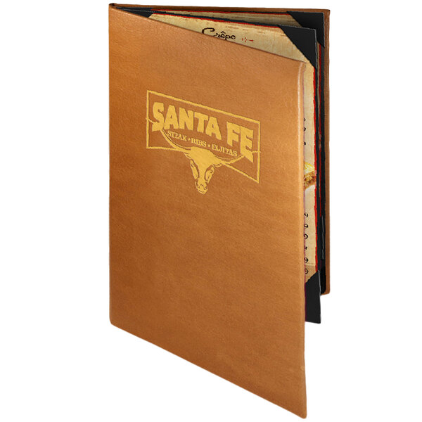 A brown leather Menu Solutions booklet cover with a logo on it.