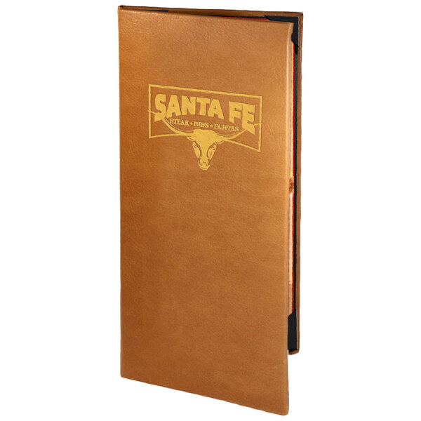 A brown leather Menu Solutions Bella Collection menu cover with the Santa Fe logo on it.