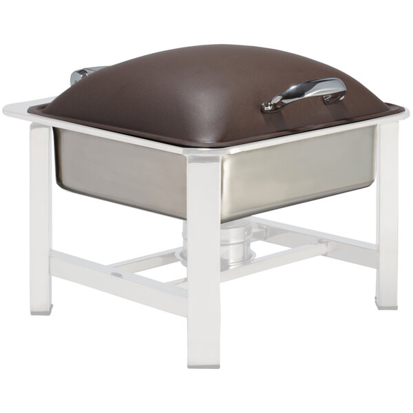 A metal square Bon Chef chafer with a brown lid.