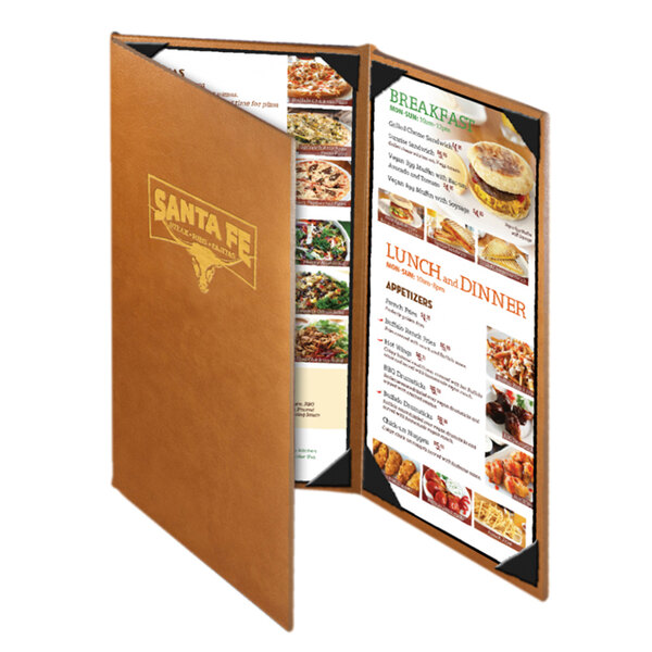 A brown Menu Solutions Bella menu cover with a menu inside.