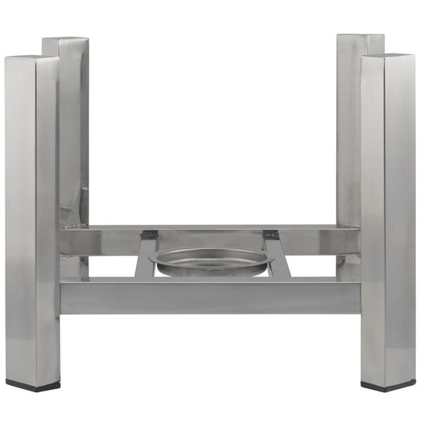 A Bon Chef stainless steel chafer stand with two legs and a square base.