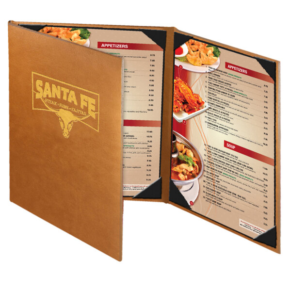 A brown Menu Solutions Bella Collection menu cover with a logo on it.