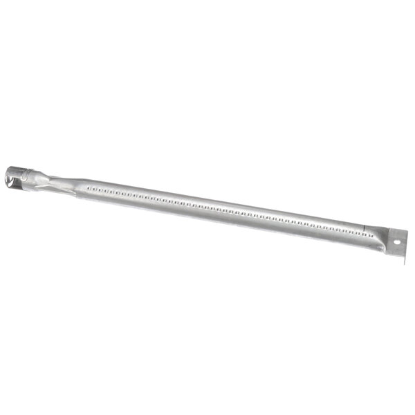 A silver metal Cooking Performance Group steel burner tube with holes and a screw on the end.