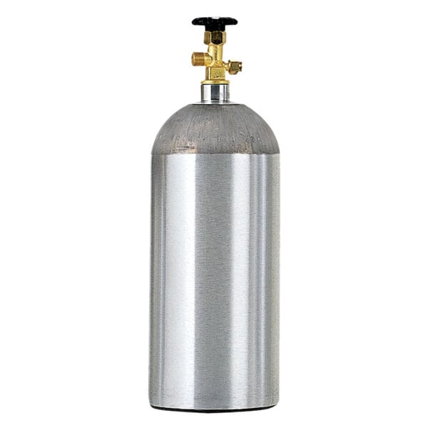 A silver Micro Matic aluminum CO2 cylinder with a black valve.