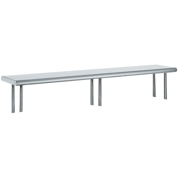 A long stainless steel shelf with legs mounted on a long rectangular table.