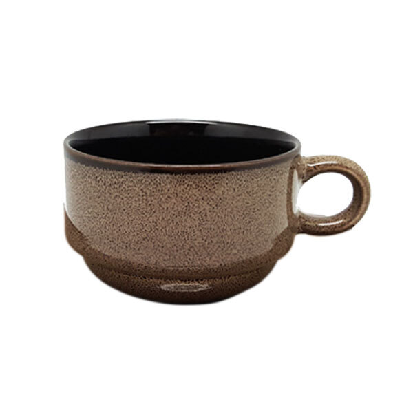 A brown and black porcelain espresso cup with a handle.