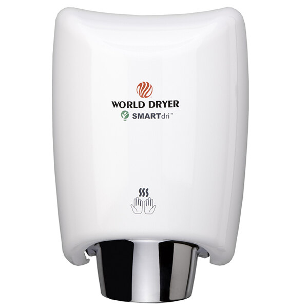 A white World Dryer hand dryer.