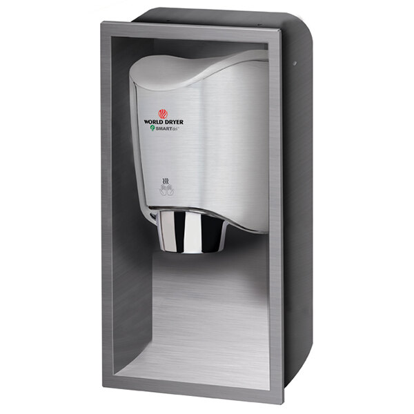 A stainless steel World Dryer SMARTdri hand dryer in a wall mounted cabinet.