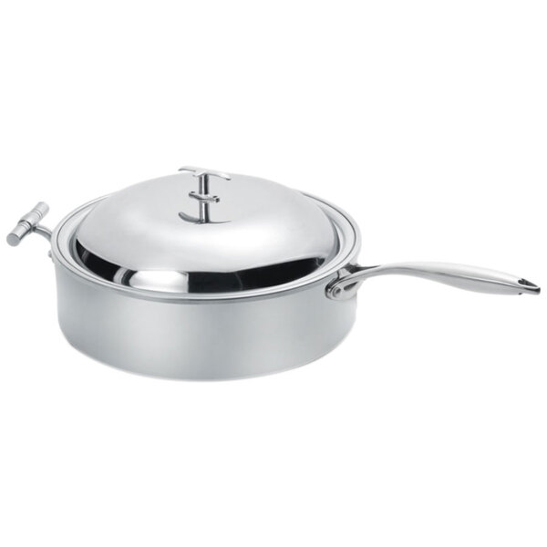 A silver stainless steel Eastern Tabletop induction pot with a lid.