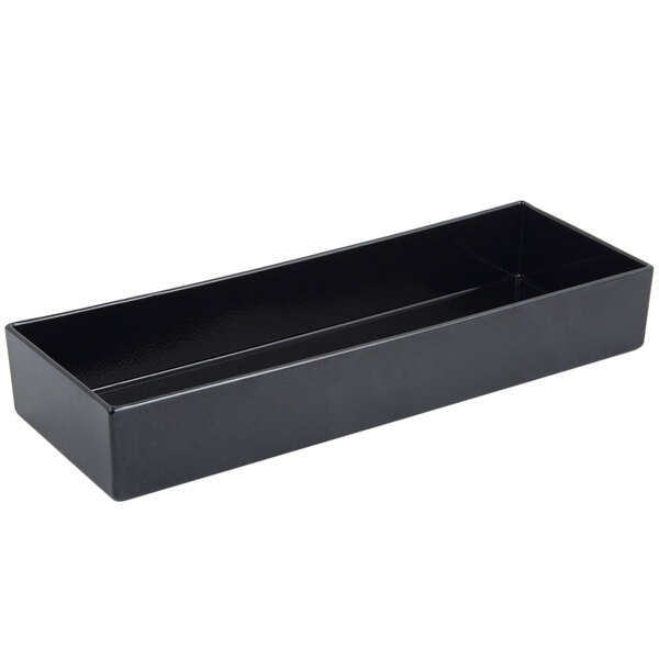 A black rectangular Bon Chef bowl with a sandstone finish on a counter.