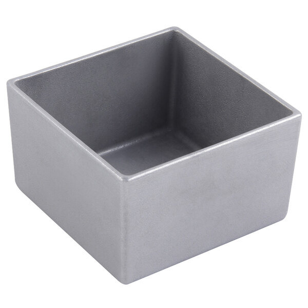 A Bon Chef pewter-glo cast aluminum straight square bowl with a lid.