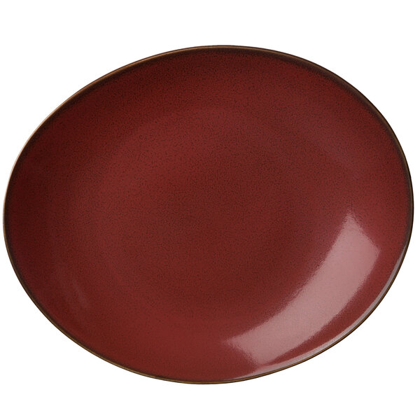 A Oneida Rustic by 1880 Hospitality crimson porcelain oval coupe plate with a brown rim and white background.
