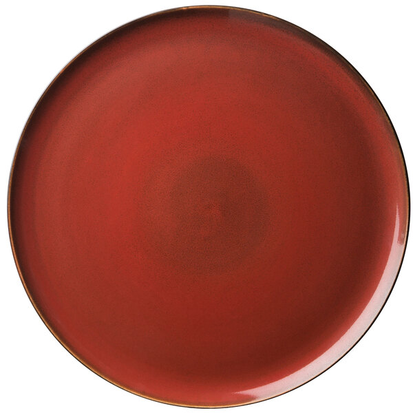 A close-up of a red Oneida Rustic porcelain pizza plate with a gold rim.