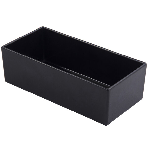 A black rectangular Bon Chef bowl with a sandstone finish on a white background.