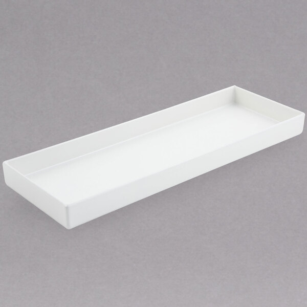 A white rectangular Bon Chef bowl with a gray sandstone finish.