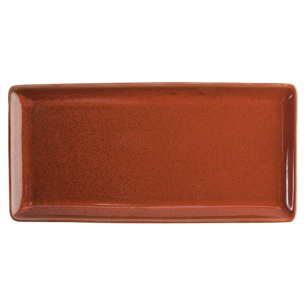 A brown rectangular Terra Verde Cotta porcelain appetizer tray with specks.