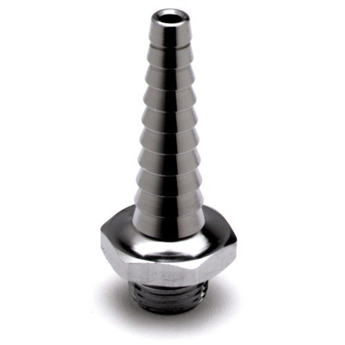 A T&amp;S serrated metal hose end with a threaded end.