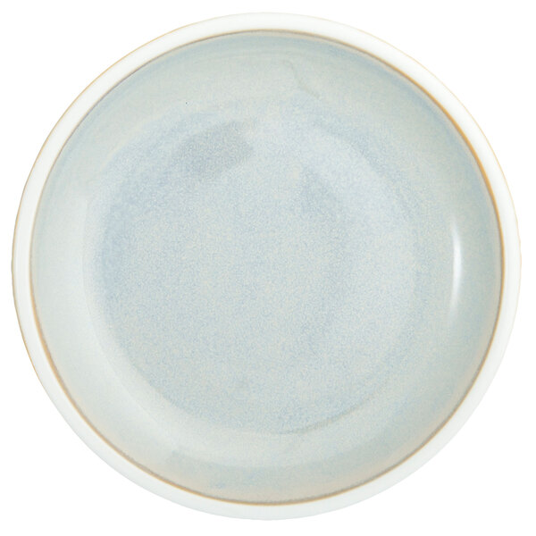 A white porcelain plate with a blue and brown circle in the middle.