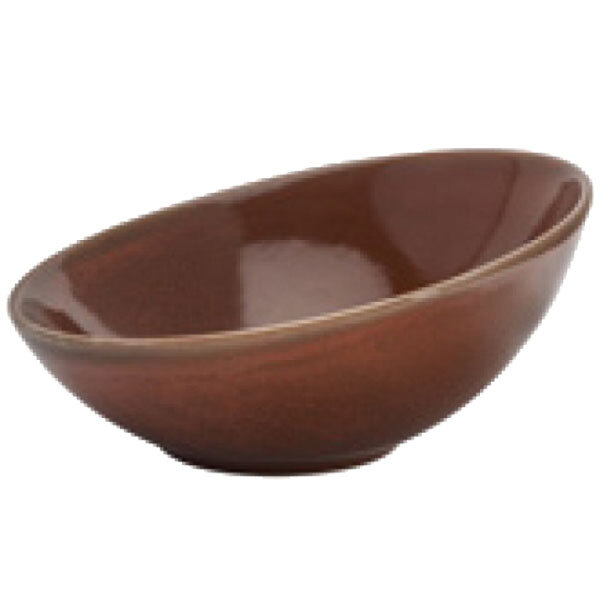 An Oneida Terra Verde Cotta porcelain slanted bowl with a small rim on a white background.