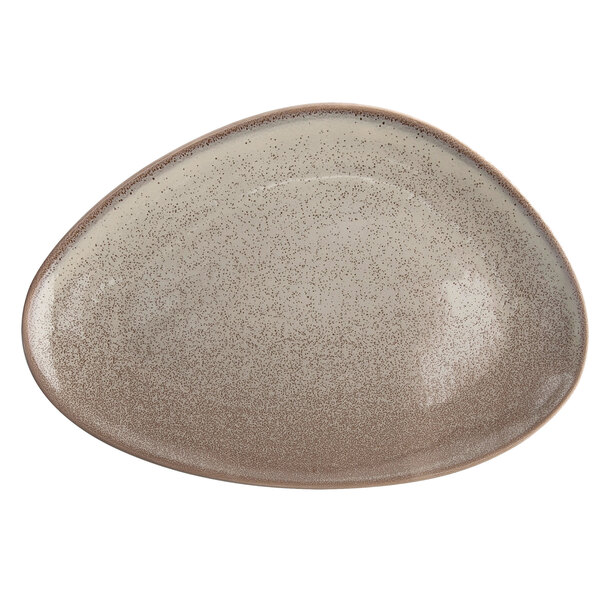 A white porcelain serving platter with brown speckles.