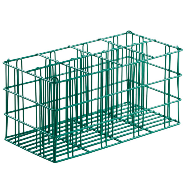 A wire rack with eight compartments for flatware with white plastic cylinders inside.