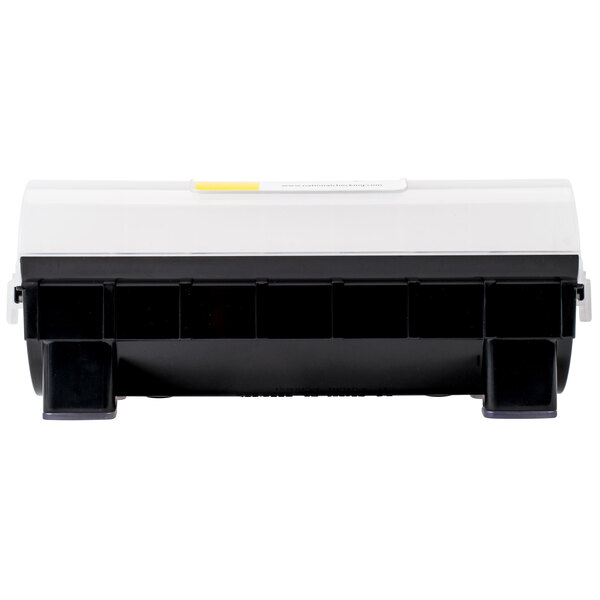 A black and white rectangular National Checking Company label dispenser with a white lid.