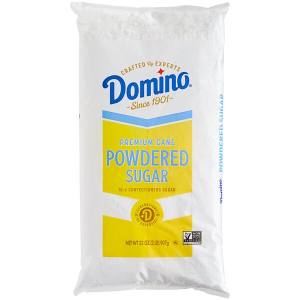 A white bag of Domino 10X Confectioners Powdered Sugar with blue and yellow text.