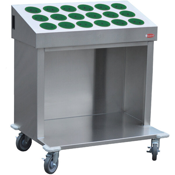 A stainless steel Steril-Sil silverware cart with green circles on top.
