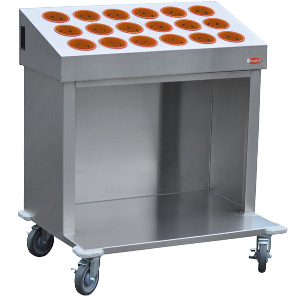 A Steril-Sil stainless steel silverware tray cart with round orange silverware cylinders.
