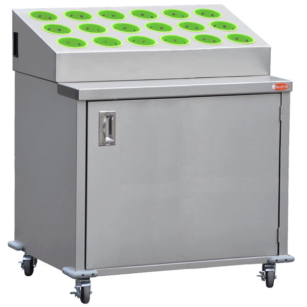 A large stainless steel cabinet with lime green circles on top.
