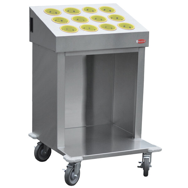 A stainless steel Steril-Sil silverware cart with yellow silverware cylinders on top.