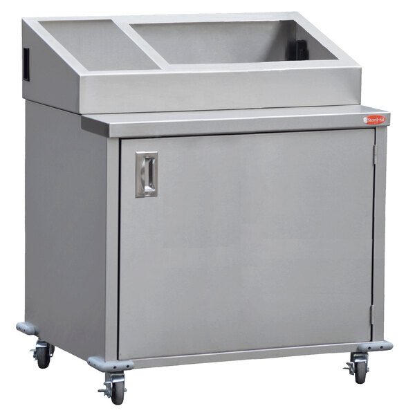 A large stainless steel enclosed cabinet with wheels.