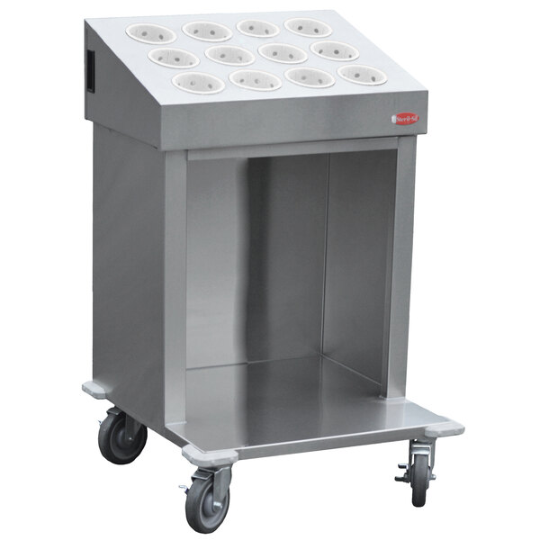 A Steril-Sil stainless steel silverware cart with white silverware cylinders on it.