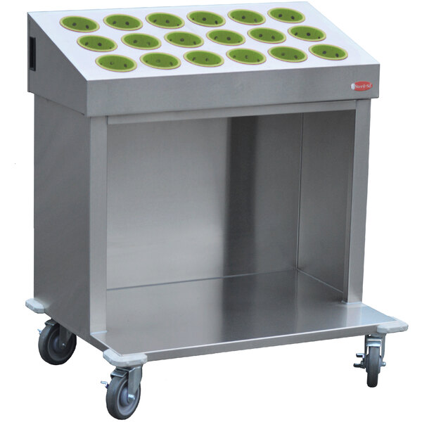 A stainless steel Steril-Sil silverware cart with green and white circles and green wheels.