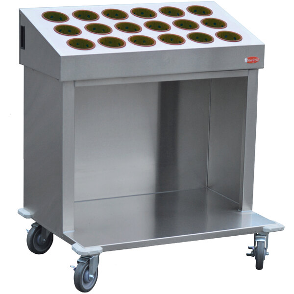 A Steril-Sil stainless steel silverware cart with brown silverware cylinders in many holes.