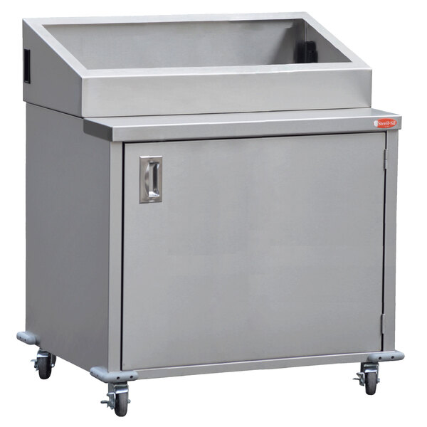 A Steril-Sil stainless steel enclosed base mobile condiment counter with wheels.