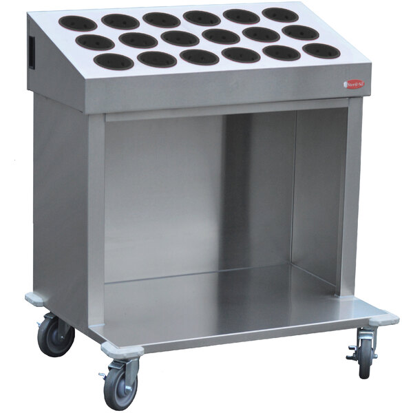 A Steril-Sil stainless steel open base silverware tray cart with black silverware cylinders in it.