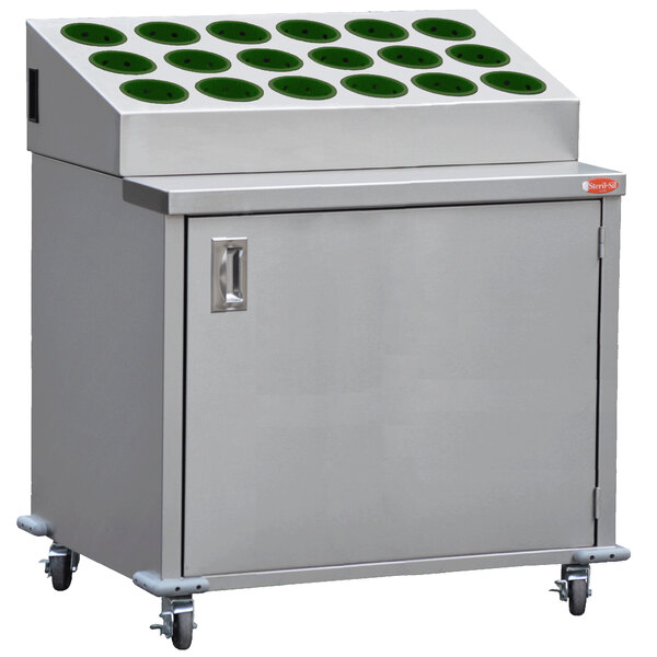 A stainless steel Steril-Sil silverware cart with green cylinders inside.