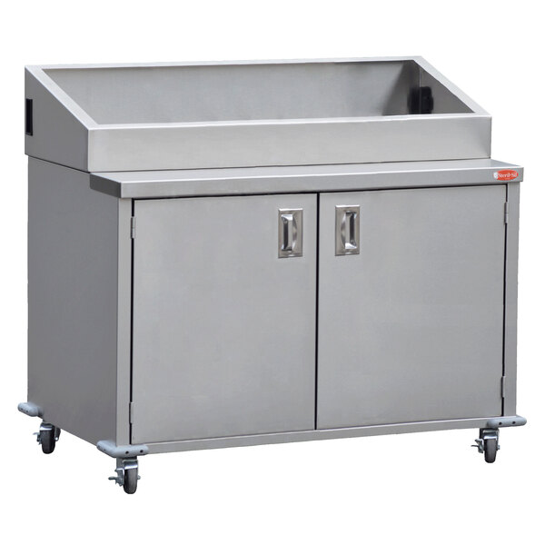 A large stainless steel cabinet with wheels.