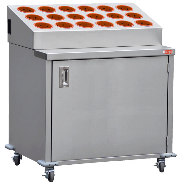 A Steril-Sil stainless steel silverware cart with orange cylinders inside.