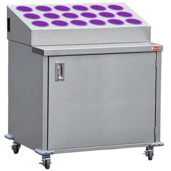 A stainless steel Steril-Sil silverware cart with purple ovals.