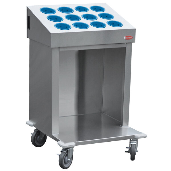 A stainless steel Steril-Sil silverware tray cart with blue silverware cylinders on it.