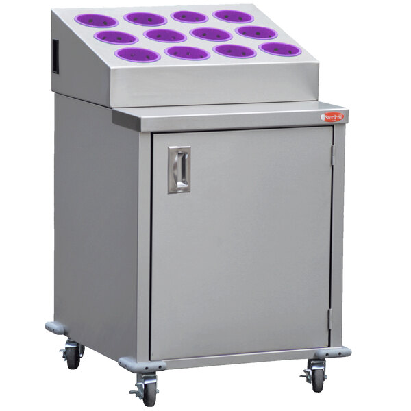A stainless steel cabinet with purple wheels and 12 violet silverware cylinders.