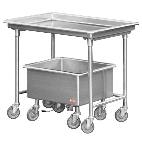 A Steril-Sil stainless steel mobile sorting station with a rectangular metal container on a metal cart.