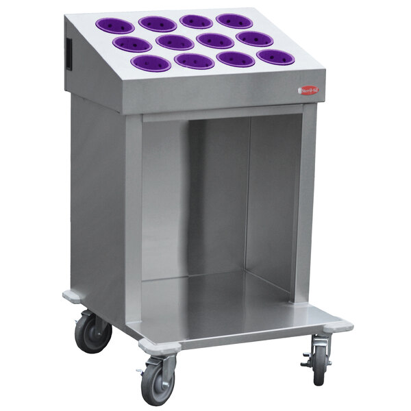 A stainless steel Steril-Sil silverware cart with purple plugs.