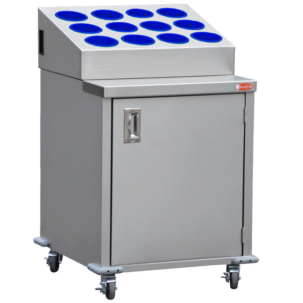 A stainless steel Steril-Sil silverware cart with blue circles on it.