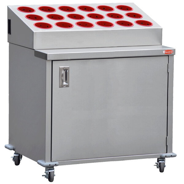 A stainless steel Steril-Sil silverware cart with red cylinders in a white box with red circles.