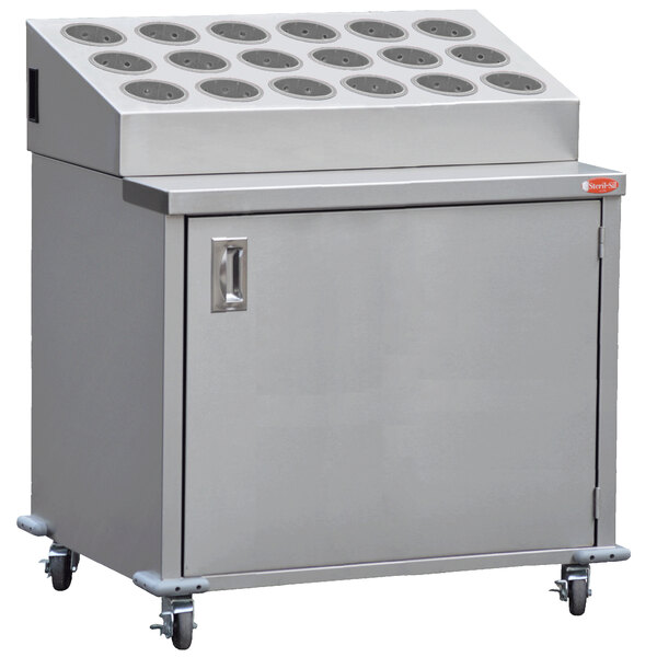 A large stainless steel Steril-Sil silverware cart with wheels and 18 stainless steel cylinders inside.