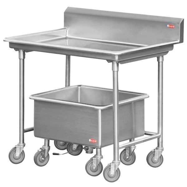 A Steril-Sil stainless steel mobile sorting station with a large stainless steel tub on wheels.